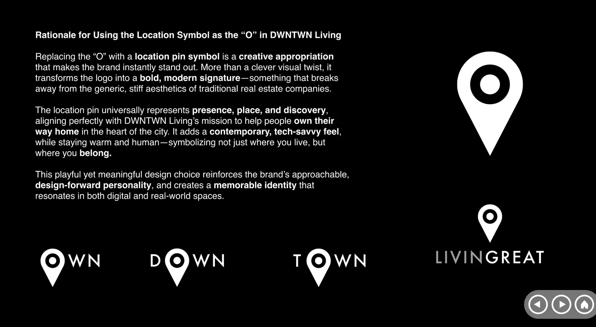 DWNTWN Living · Logo rationale — the pin as the O · 02